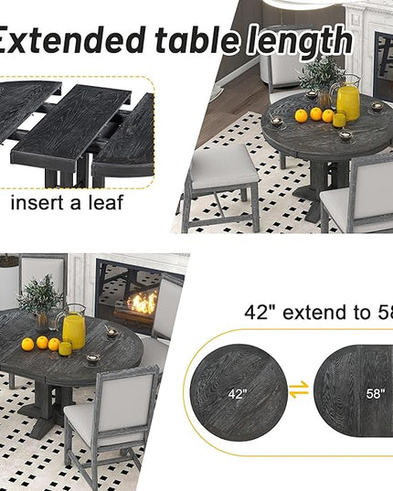 Farmhouse 5-Piece Dining Set, Included Retro Extendable Round Table with X-Shape Base and 4 Upholstered Chairs, Solid Wood Adjustable Dinette Furniture for Kitchen Living Room, Black - LeafyLoom