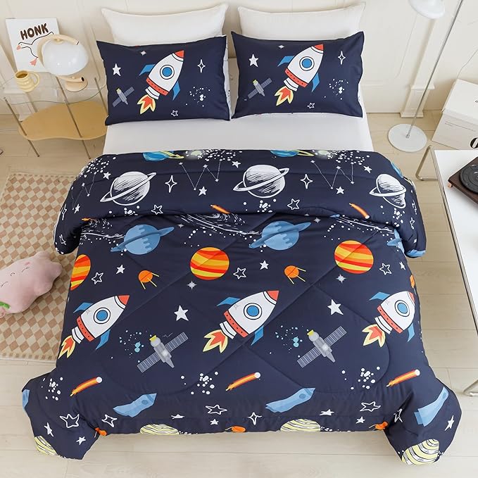 RYNGHIPY Kids Comforter Set Queen Size, Cute Space Rocket Bedding Set for Boys Girls, Space Themed Teen Boy Bedding (Space Rocket,Queen) - LeafyLoom