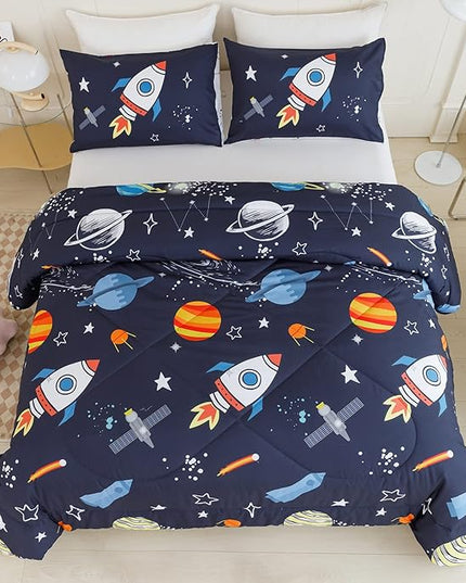 RYNGHIPY Kids Comforter Set Full Size, Cute Space Rocket Bedding Set for Boys Girls, Space Themed Teen Boy Bedding (Space Rocket,Full) - LeafyLoom