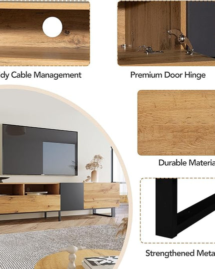 71 Inch TV Stand with Double Storage Space for TVs up to 80'', Modern TV Console with Drop Down Door, Entertainment Center for Living Room, Bedroom and Home Theatre, Wood+Black - LeafyLoom