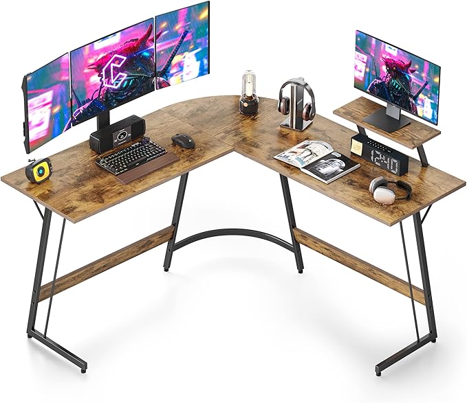Cubiker L Shaped Desk, Computer Corner Desk, Gaming Desk with Monitor Stand, Home Office Study Writing Workstation, Space-Saving, Rustic Brown - LeafyLoom
