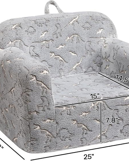 ALIMORDEN Kids Ultra-Soft Snuggle Foam Filled Chair, Glow-in-The-Dark Dinosaurs Fossil Pattern Toddler Cuddly Sherpa Reading Couch for Boys and Girls - LeafyLoom