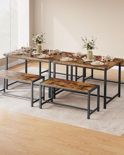 Kitchen Table with Benches, Dining Table Set for 4, Rectangular Dining Room Table Set with 2 Sturdy Benches, 3 Piece Kitchen Table Set for Small Space, Apartment, Studio, Retro Brown - LeafyLoom