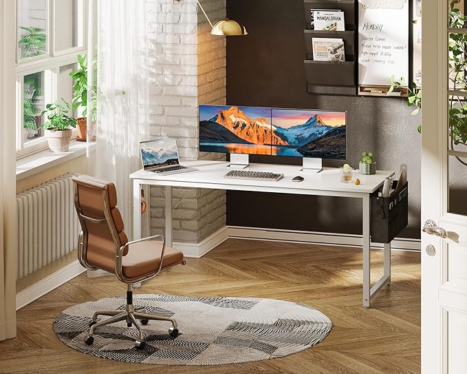 ODK Computer Desk Large Office Desk, 55 Inch Gaming Desk with Storage, Modern PC Desk Work Table with Headphone Hook for Home Office, White + White Leg - LeafyLoom