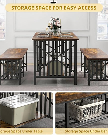 DWVO 3-Piece Dining Table Set for 4-6 People, 63" Dining Room Table with 2 Benches, Industrial Rectangular Dining Room Table Set with Storage for Kitchen, Dining Room, Rustic Brown - LeafyLoom
