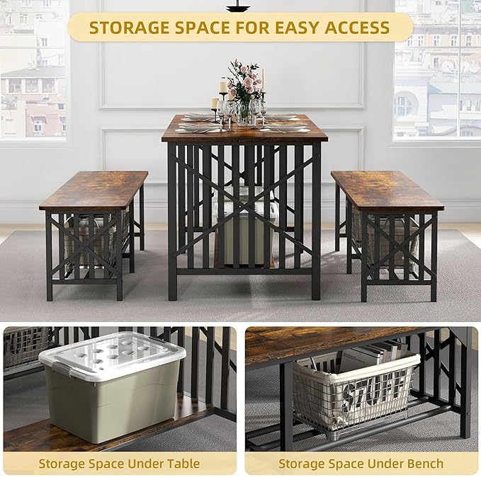 DWVO 3-Piece Dining Table Set for 4-6 People, 63" Dining Room Table with 2 Benches, Industrial Rectangular Dining Room Table Set with Storage for Kitchen, Dining Room, Rustic Brown - LeafyLoom