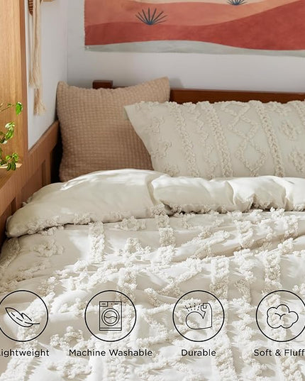 Bedsure Twin/Twin XL Comforter Set Dorm Bedding - Beige Boho Bedding Comforter Set, 2 Pieces Farmhouse Shabby Chic Embroidery Bed Set, Soft Jacquard Tufted Comforter for College - LeafyLoom