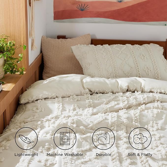 Bedsure Twin/Twin XL Comforter Set Dorm Bedding - Beige Boho Bedding Comforter Set, 2 Pieces Farmhouse Shabby Chic Embroidery Bed Set, Soft Jacquard Tufted Comforter for College - LeafyLoom