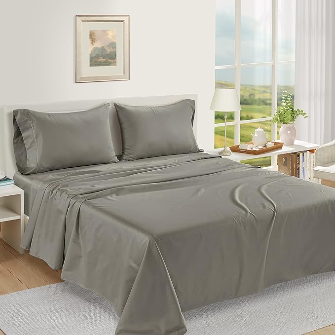 LANE LINEN 100% Egyptian Cotton Bed Sheets - 1000 Thread Count 4-Piece Charcoal Calking Set Bedding Sateen Weave Luxury Hotel 16" Deep Pocket (Fits Upto 17" Mattress) - LeafyLoom