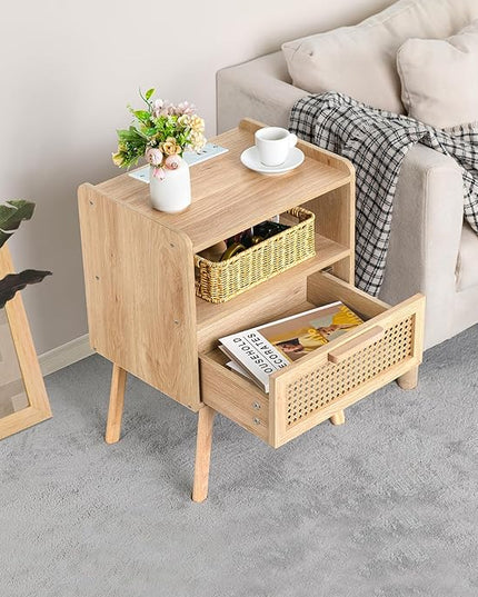Lerliuo Rattan Nightstands Set of 2 with Charging Station, Boho Side Table with Drawer Open Shelf, Cane Accent Bedside End Table with Solid Wood Legs for Bedroom, Dorm and Small Spaces (Natural) - LeafyLoom