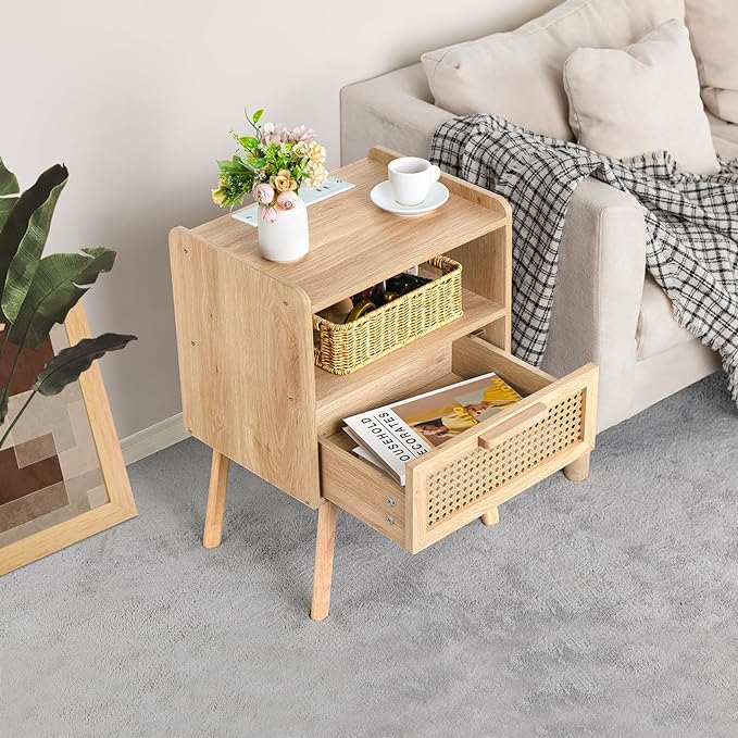 Lerliuo Rattan Nightstands Set of 2 with Charging Station, Boho Side Table with Drawer Open Shelf, Cane Accent Bedside End Table with Solid Wood Legs for Bedroom, Dorm and Small Spaces (Natural) - LeafyLoom