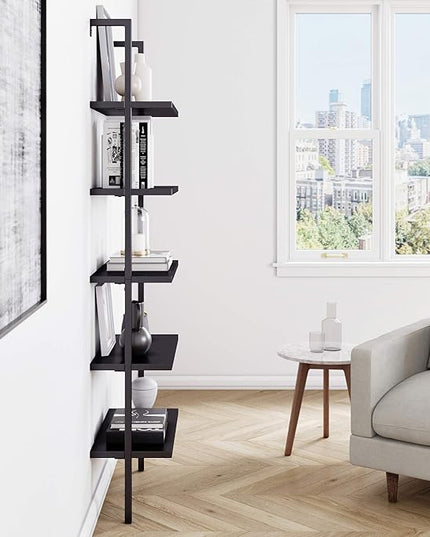Nathan James Theo 5-Shelf Black Modern Bookcase, Open Wall Mount Ladder Bookshelf with Industrial Metal Frame - LeafyLoom