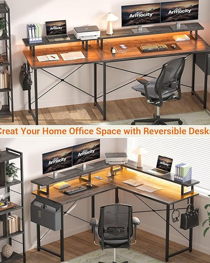 armocity L Shaped Computer Desk with Power Outlets, Gaming Desk L Shaped with LED Lights, Corner Desk with Storage Shelves, Work Study Desk for Bedroom, Home Office Small Spaces, 47'', Grey Oak - LeafyLoom