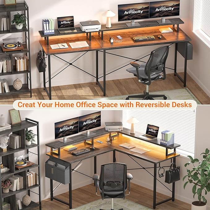 armocity L Shaped Computer Desk with Power Outlets, Gaming Desk L Shaped with LED Lights, Corner Desk with Storage Shelves, Work Study Desk for Bedroom, Home Office Small Spaces, 47'', Grey Oak - LeafyLoom