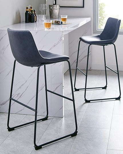 Walker Edison Douglas Urban Industrial Faux Leather Armless Dining Chair Set of 2 and Bar Chair Set of 2, Navy Blue - LeafyLoom