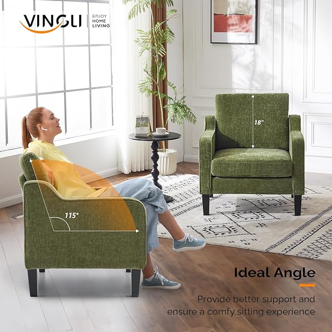 VINGLI Accent Chair for Living Room Chairs Olive Green Reading Chair for Bedroom Scooped Arm Chair Mid Century Modern Accent Chairs Upholstered Comfy Chair for Apartment, Waiting Room - LeafyLoom