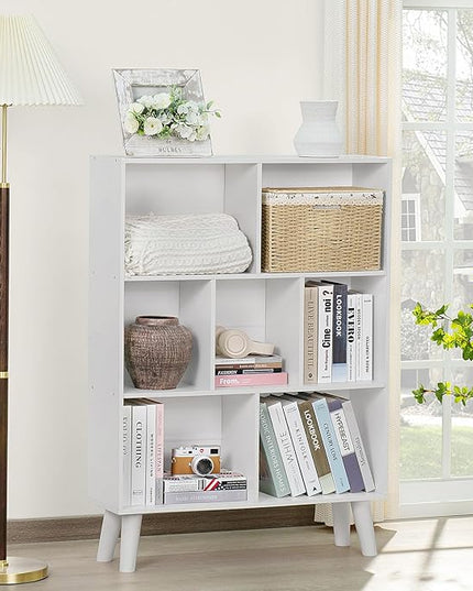 YAHARBO Pure White Bookshelf,3 Tier Book Shelf with Legs, 7 Cube Simple Bookcase,Storage Organizer Shelves Display Bookcases for Bedroom,Living Room - LeafyLoom
