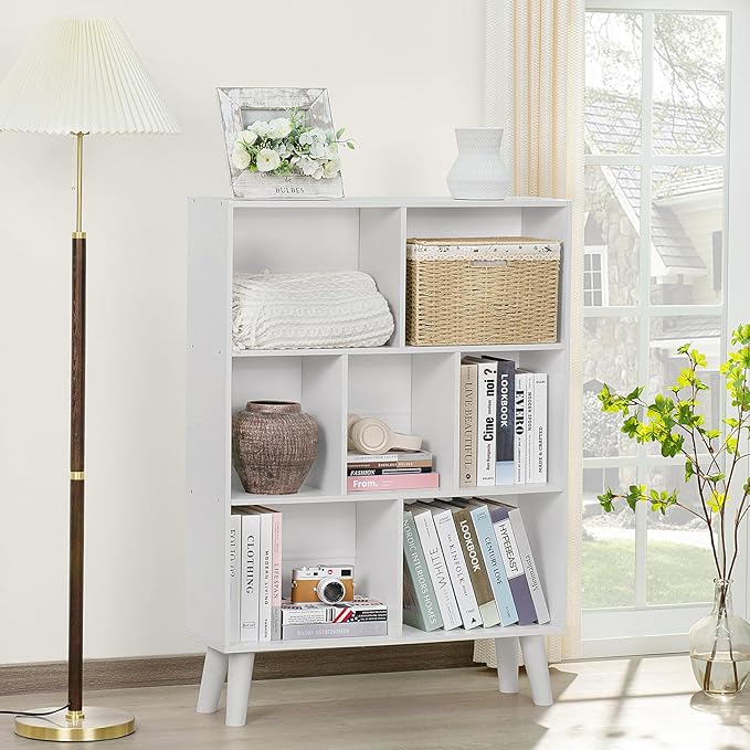 YAHARBO Pure White Bookshelf,3 Tier Book Shelf with Legs, 7 Cube Simple Bookcase,Storage Organizer Shelves Display Bookcases for Bedroom,Living Room - LeafyLoom