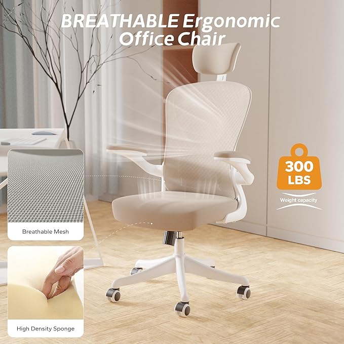 Ergonomic Office Chair Home Desk Office Chair with Adjustable Headrest & Cushion for Lumbar Support, High Back Computer Chair with Thickened Cushion Desk Chairs Khaki - LeafyLoom