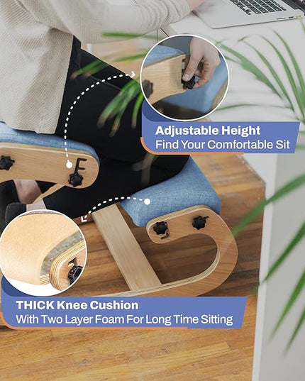 Ergonomic Kneeling Chair - Rocking Office Chair Adjustable Stool - Knee Chair Posture Chair - Wooden Desk Chair, Ergonomic Chair for Home Office, Office Chair for Back Pain (Blue) - LeafyLoom