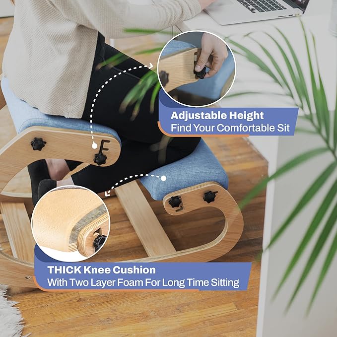Ergonomic Kneeling Chair - Rocking Office Chair Adjustable Stool - Knee Chair Posture Chair - Wooden Desk Chair, Ergonomic Chair for Home Office, Office Chair for Back Pain (Blue) - LeafyLoom
