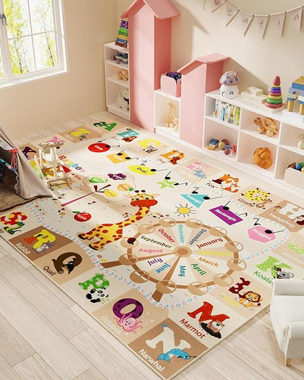 Kids Playroom Rug 4x6 Beige Rugs for Girls Bedroom Child Play Mat Educational and Fun Baby Care Rugs,Learning Rug with ABC Alphabets Animals Shapes No-Slip Carpets for Children Toddler Washable - LeafyLoom