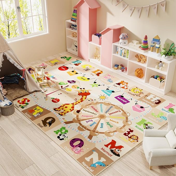 Kids Playroom Rug 4x6 Beige Rugs for Girls Bedroom Child Play Mat Educational and Fun Baby Care Rugs,Learning Rug with ABC Alphabets Animals Shapes No-Slip Carpets for Children Toddler Washable - LeafyLoom