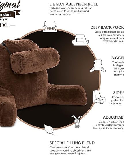 Husband Pillow XXL Chocolate Backrest with Arms - Adult Reading Pillow Shredded Memory Foam, Ultra-Comfy Removable Microplush Cover & Detachable Neck Roll, Unmatched Support Bed Rest Sit Up Pillow - LeafyLoom