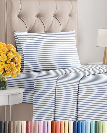 Twin XL Size 3 Piece Sheet Set - Comfy Breathable & Cooling Sheets - Hotel Luxury Bed Sheets for Women & Men - Deep Pockets, Easy-Fit, Soft & Wrinkle Free Sheets - Blue Stripes Oeko-Tex Bed Sheet Set - LeafyLoom