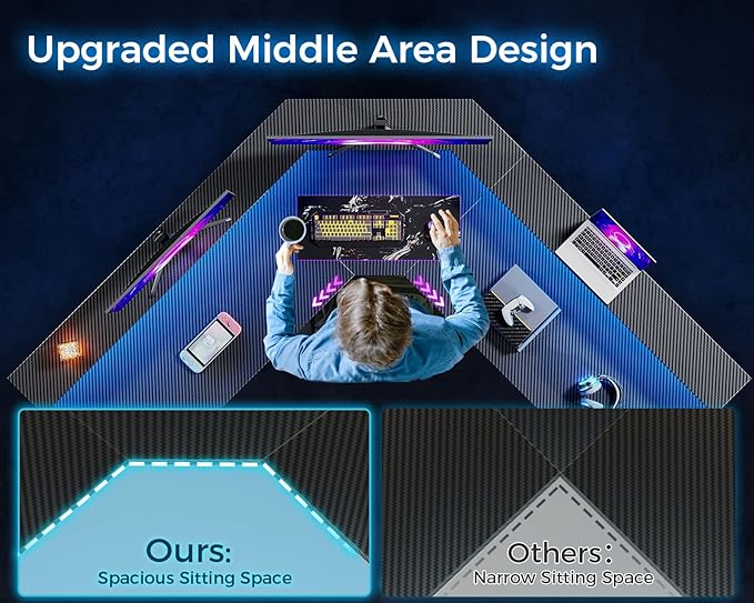 ODK L Shaped Gaming Desk with LED Lights & Power Outlets, 50.8" Computer Desk with Full Monitor Stand, Corner Desk with Cup Holder, Gaming Table with Hooks, Black Carbon Fiber - LeafyLoom