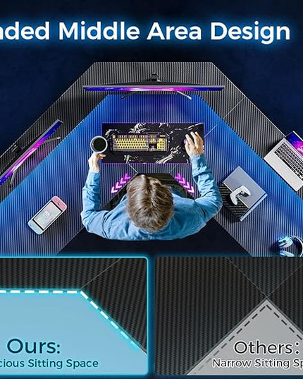 ODK L Shaped Gaming Desk with LED Lights & Power Outlets, 50.8" Computer Desk with Full Monitor Stand, Corner Desk with Cup Holder, Gaming Table with Hooks, Black Carbon Fiber - LeafyLoom