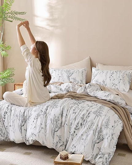 JANZAA 3pcs White Comforter Set King, Soft Floral Microfiber Bedding King Size Comforter Set with 2 Pillow Cases for All Seasons - LeafyLoom