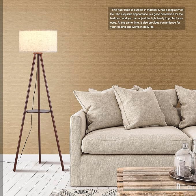 Wood Tripod Floor Lamp for Living Room,Linen Shade Mid Century Wooden Shelf Floor lamp for Bedroom,with Three Color temparature Bulb Included,ETL Listed/Dark Brown Wood Color - LeafyLoom