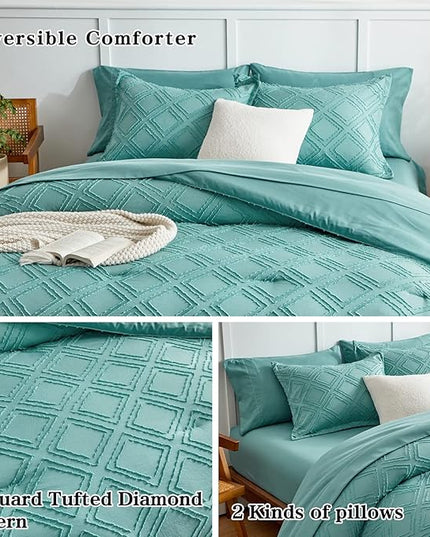 7 Pieces Tufted Bed in a Bag King Comforter Set with Sheets Green, Soft and Embroidery Shabby Chic Boho Bohemian, Luxury Solid Color with Diamond Pattern, Jacquard Tufts Bedding Set for All Season - LeafyLoom