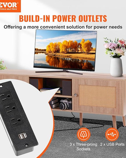 VEVOR Rattan TV Stand, Mid Century Modern TV Stand for 65 inch TV, Boho Rattan TV Cabinet with Build-in Socket and USB Ports, Adjustable Shelfs for Living Room, Media Room, Oak - LeafyLoom