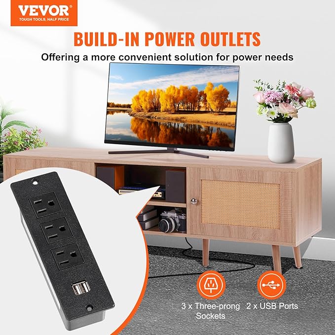 VEVOR Rattan TV Stand, Mid Century Modern TV Stand for 65 inch TV, Boho Rattan TV Cabinet with Build-in Socket and USB Ports, Adjustable Shelfs for Living Room, Media Room, Oak - LeafyLoom