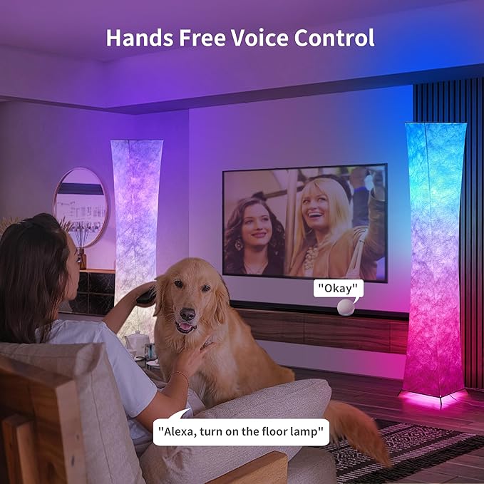 chiphy Floor Lamp, 64" Tall Dimmable and RGB Color Changing LED Smart Bulbs White Fabric Shade, with Remote Control, Standing Lamp for Living Room, Bedroom Play Room - LeafyLoom