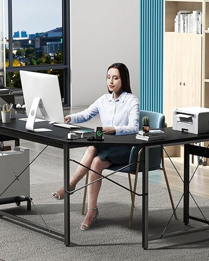 Coleshome 59" L Shaped Gaming Desk with Outlet, L Shaped Desk with CPU Stand, Corner Computer Desk, Home Office Desk, Writing Desk, Black - LeafyLoom