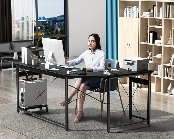 Coleshome 59" L Shaped Gaming Desk with Outlet, L Shaped Desk with CPU Stand, Corner Computer Desk, Home Office Desk, Writing Desk, Black - LeafyLoom