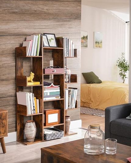 VASAGLE Bookshelf, Tree-Shaped Bookcase with 13 Storage Shelves, Rounded Corners & 9-Tier Floor Standing Tree Bookshelf, with Shelves for Living Room, Home Office, Rustic Brown ULBC11BX - LeafyLoom