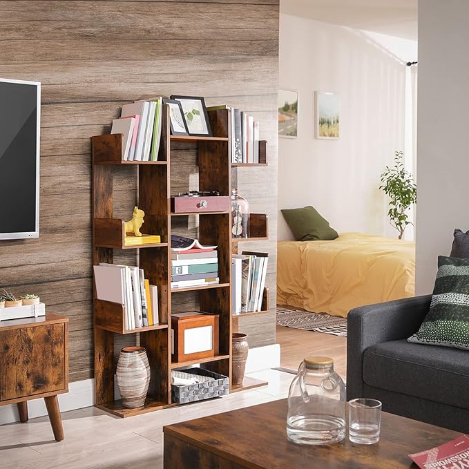VASAGLE Bookshelf, Tree-Shaped Bookcase with 13 Storage Shelves, Rounded Corners & 9-Tier Floor Standing Tree Bookshelf, with Shelves for Living Room, Home Office, Rustic Brown ULBC11BX - LeafyLoom