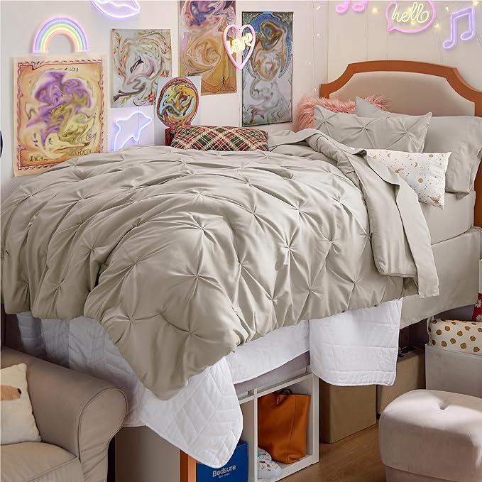 Bedsure Twin XL Comforter Set - Extra Long 5 Pieces Dorm Bedding Sets, Pinch Pleat Beige Bed in a Bag with Comforter, Pillowcase & Sham - LeafyLoom