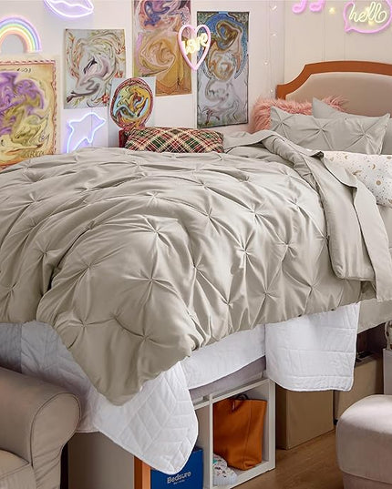 Bedsure Twin XL Comforter Set - Extra Long 5 Pieces Dorm Bedding Sets, Pinch Pleat Beige Bed in a Bag with Comforter, Pillowcase & Sham - LeafyLoom