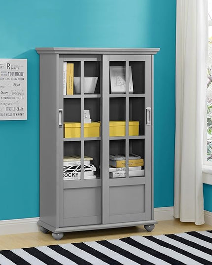 Aaron Lane Bookcase with Sliding Glass Doors, Gray - LeafyLoom