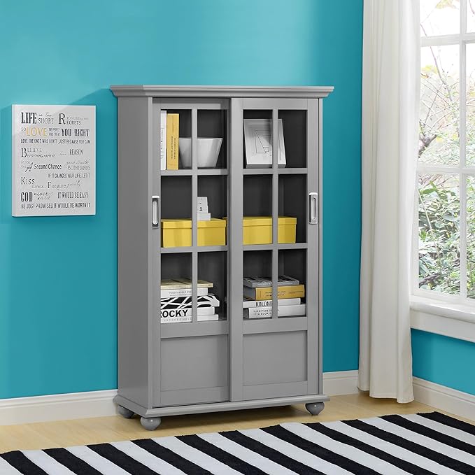 Aaron Lane Bookcase with Sliding Glass Doors, Gray - LeafyLoom