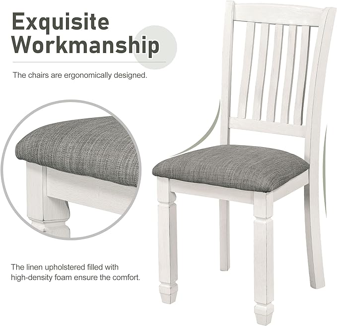 Dining Table Set for 6, Wood Kitchen Table and 6 Upholstered Chairs with Backrest, 7-Piece Kitchen Table and Chairs Set with Shaped Legs for Dining Room/Living Room, Grey+White - LeafyLoom