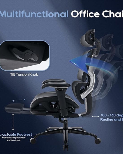 Ergonomic Mesh Office Chair with Footrest, Executive High Back Computer Desk Chair with Wide Headrest and Adjustable 3D Arms, Backrest, Tilt Lock and Lumbar Support-Black - LeafyLoom