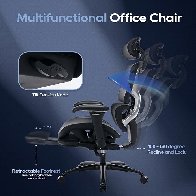 Ergonomic Mesh Office Chair with Footrest, Executive High Back Computer Desk Chair with Wide Headrest and Adjustable 3D Arms, Backrest, Tilt Lock and Lumbar Support-Black - LeafyLoom