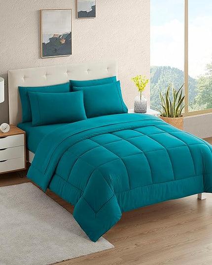 Dorm Room Essentials College Bedding Comforter Set 5 Piece Twin Size Bed in a Bag for College Students Boys and Girls, Twin, Teal - LeafyLoom