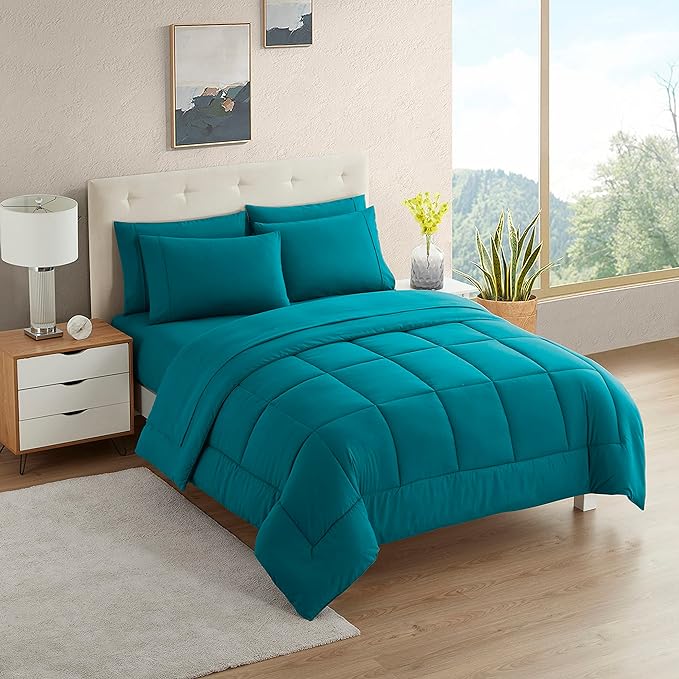 Dorm Room Essentials College Bedding Comforter Set 5 Piece Twin Size Bed in a Bag for College Students Boys and Girls, Twin, Teal - LeafyLoom
